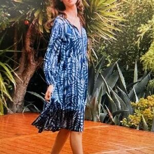 johnny Was Workshop Biya Blue Embroidered Tassel JWLA Cotton Midi Dress